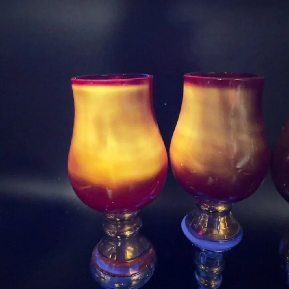 Bombay Company Romanov Ruby Gold Long Stem Cordial Glasses Cadmium UV Glow Set 3